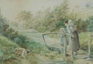 Myles Birkett Foster. Figures by stream, watercolour, monogrammed, 16cm x 23cm.