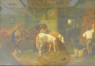 John Frederick Herring Snr (1795-1865). A forge interior with farrier and three horses, oil on canva