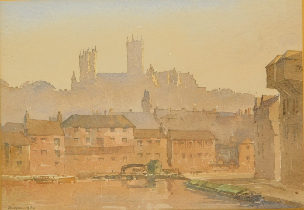 Len Roope (1917-2005). Lincoln Cathedral from Brayford, watercolour, signed and dated 1974, 18cm x 2