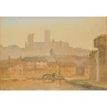 Len Roope (1917-2005). Lincoln Cathedral from Brayford, watercolour, signed and dated 1974, 18cm x 2