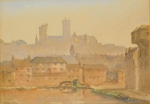Len Roope (1917-2005). Lincoln Cathedral from Brayford, watercolour, signed and dated 1974, 18cm x 2