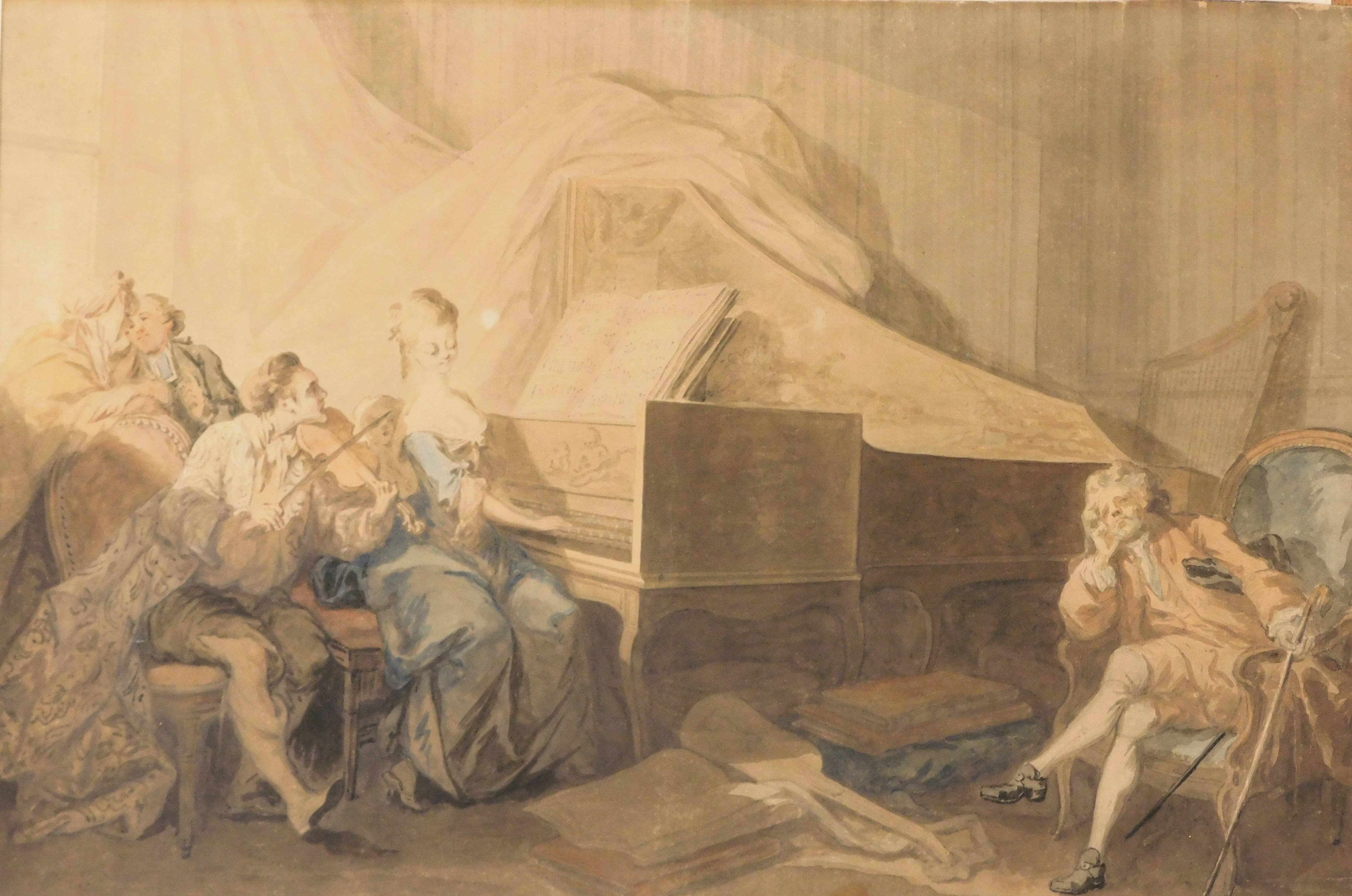 Attributed to Jean-Honoré Fragonard (1732-1806). The Music Lesson, watercolour, unsigned, 41.5cm x 6