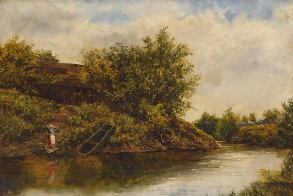 F.E. Hill. River landscape with figure, oil on canvas, attributed and dated c.1880, 29.5cm x 44.5cm.