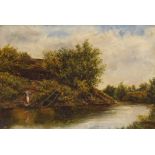 F.E. Hill. River landscape with figure, oil on canvas, attributed and dated c.1880, 29.5cm x 44.5cm.