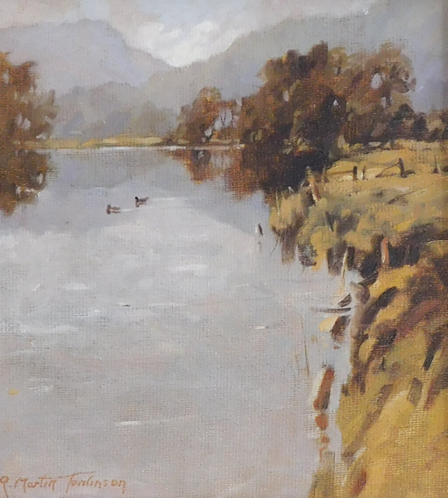 R. Martin Tomlinson (b.1945). River Bethany in flood (Near Waterhead), oil on board, signed, 21cm x