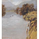 R. Martin Tomlinson (b.1945). River Bethany in flood (Near Waterhead), oil on board, signed, 21cm x
