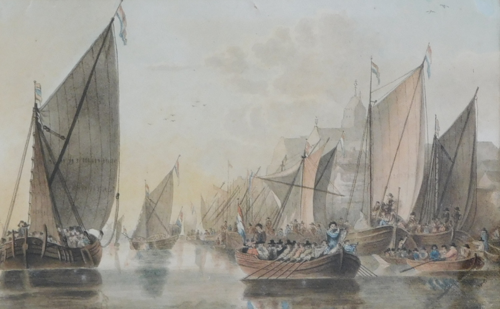 Attributed to J.B. Pyne. Sailing ships, possibly Dutch, watercolour, 10cm x 17cm.
