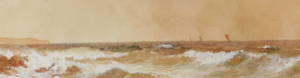 John Falconar Slater (1857-1937). Coastal scene with distant sailing boat, watercolour, signed, 16cm