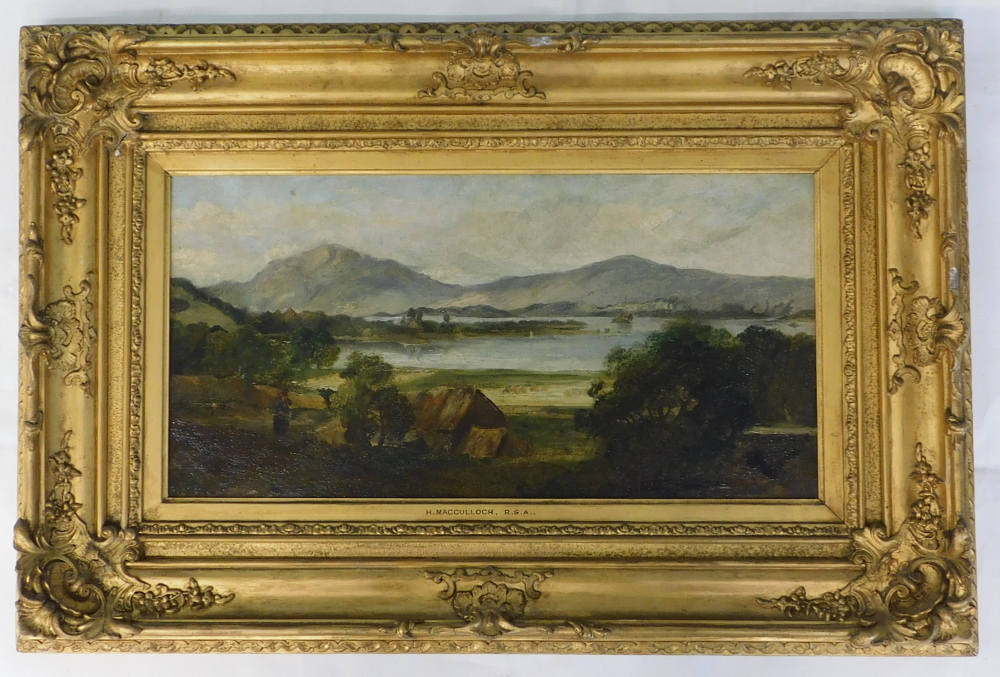 Horatio McCulloch (1805-1867). View of a Loch, oil on board, attributed on mount, 25cm x 49.5cm. Lab - Image 2 of 4