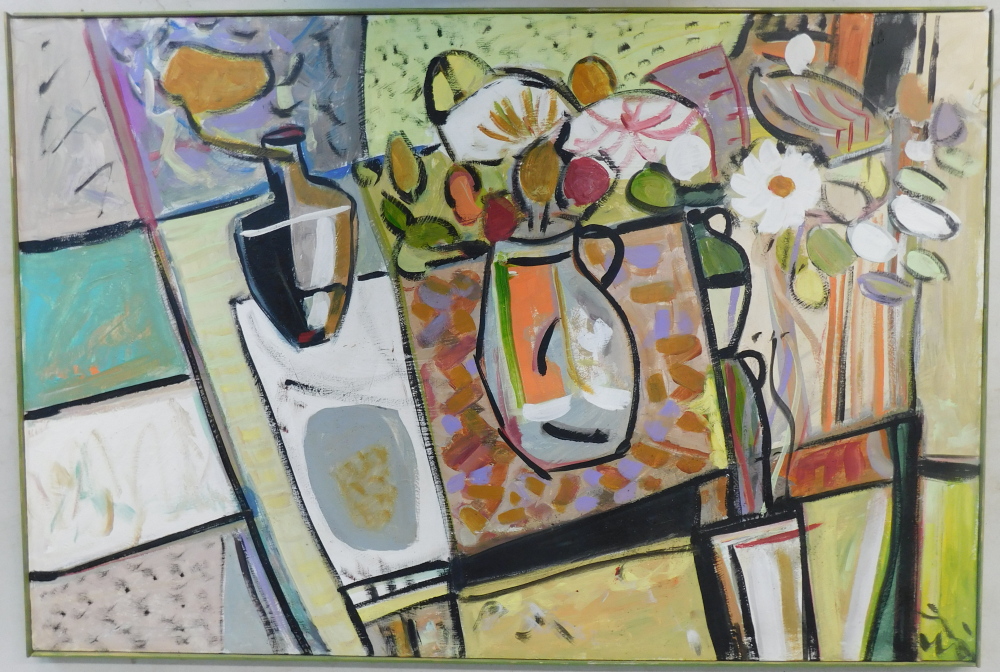 20thC School. Floral still life, oil on canvas, 60cm x 90cm.