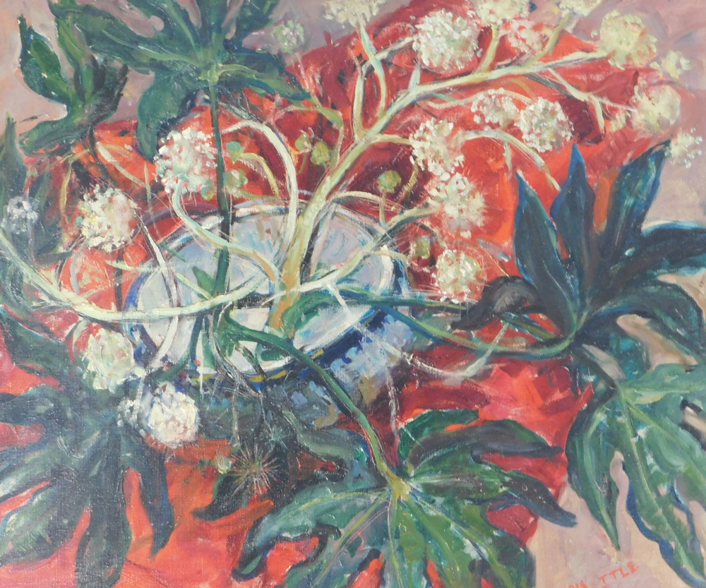 Doris Little. Still life with jardiniere, leaves, red blanket, etc., oil on canvas, signed, 49cm x 5
