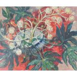 Doris Little. Still life with jardiniere, leaves, red blanket, etc., oil on canvas, signed, 49cm x 5