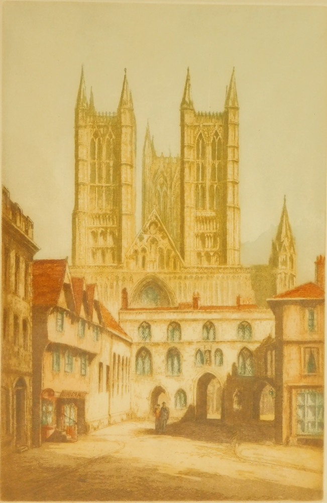 R.F. King (20thC). Lincoln Cathedral, artist signed coloured etching, 30cm x 19.5cm, framed map Linc - Image 5 of 7