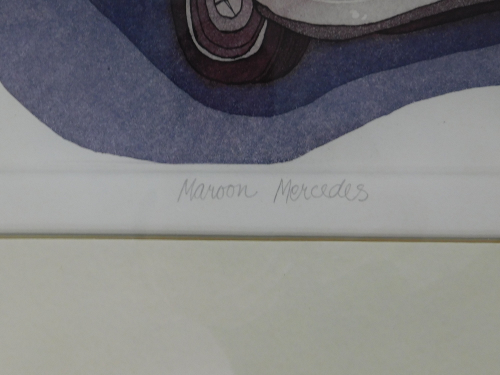 After M. Clark. Maroon Mercedes, artist signed limited edition coloured print, 2/12, 32cm x 38cm. - Image 4 of 7