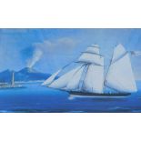 19thC School. Coastal scene with volcano and masted ship, watercolour, 49cm x 69cm.