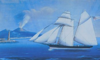 19thC School. Coastal scene with volcano and masted ship, watercolour, 49cm x 69cm.