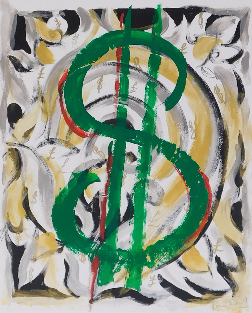 Ronnie Wood (b.1947). Dollar sign in the manner of Warhol 5, acrylic, signed, 43cm x 25cm. Provenanc