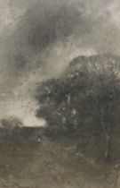 19thC School. Figure in woodland scene, charcoal drawing, indistinctly signed and dated, 27cm x 17.5