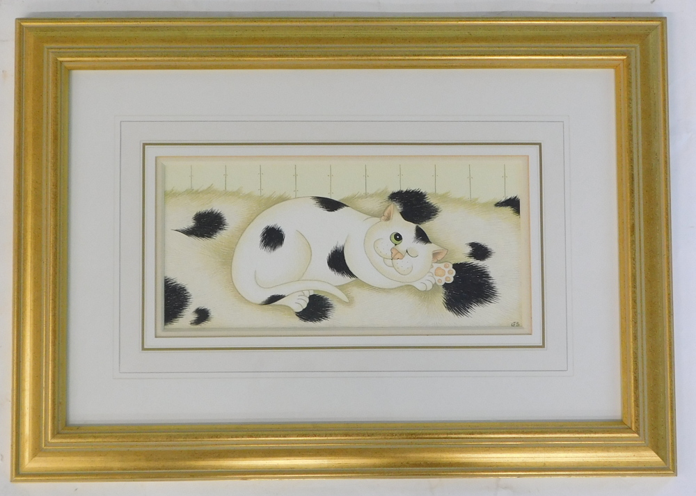 Linda Jane Smith (b.1962). White cat with black spots, watercolour, initialled, 12cm x 26cm. Label v - Bild 2 aus 5
