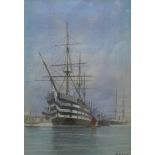 W. A. Earp. HMS Victory entering Portsmouth, watercolour, signed, 22cm x 15cm.