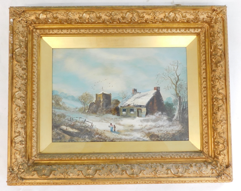 19thC School. Winter landscape, oil, 23cm x 33cm. - Image 2 of 3