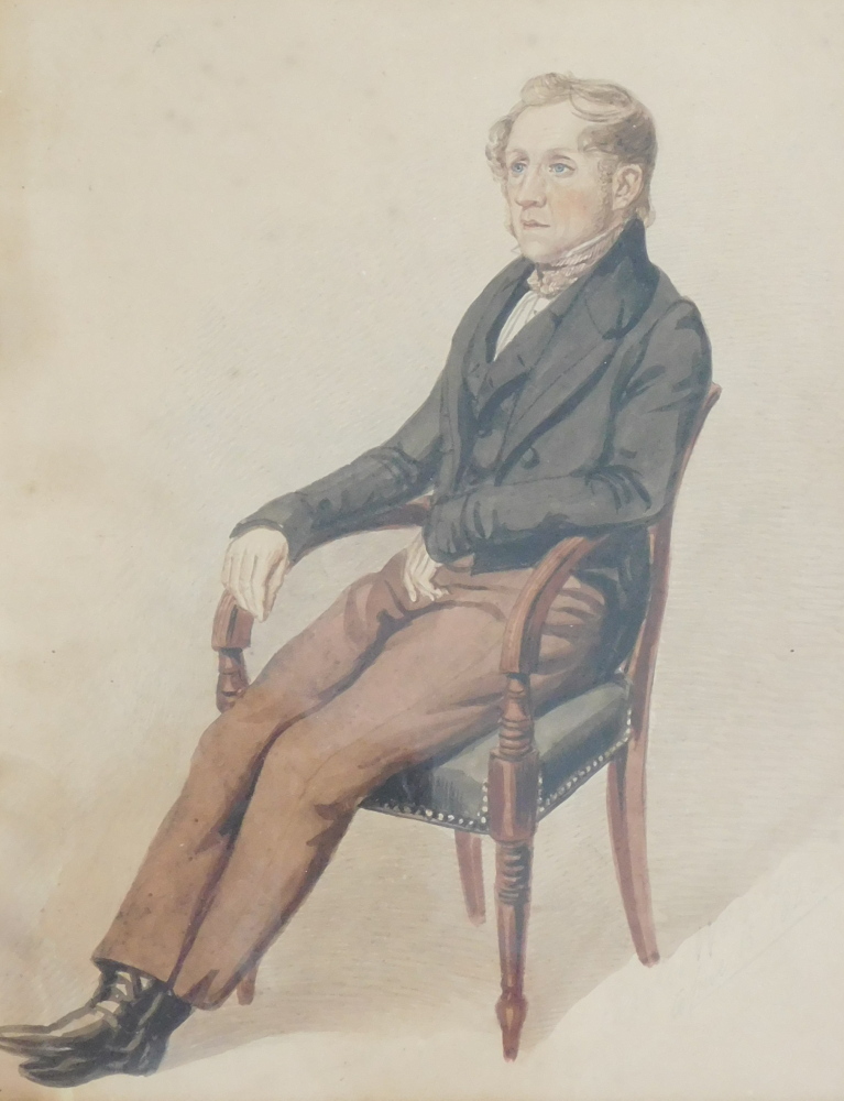 19thC School. Gentleman seated, watercolour, indistinctly signed, dated April 15 1840, 24cm x 18cm.