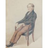 19thC School. Gentleman seated, watercolour, indistinctly signed, dated April 15 1840, 24cm x 18cm.