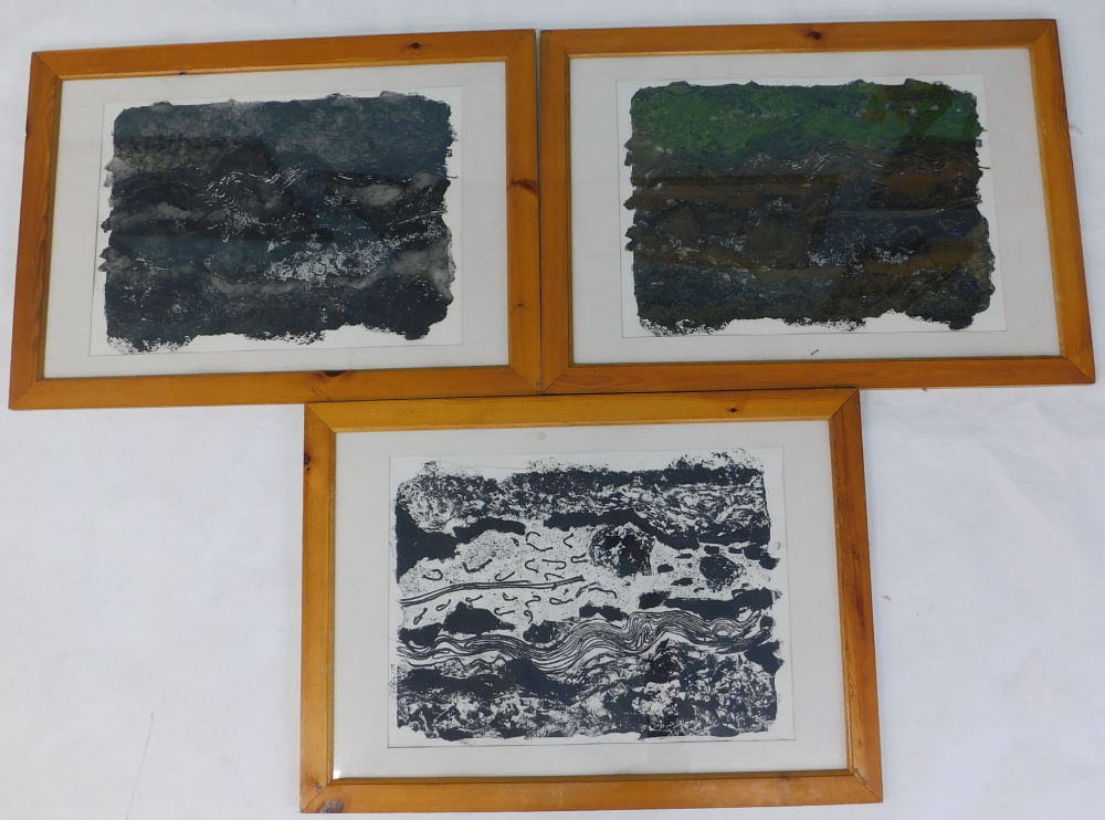 After Hilary Ansell. Abstract in green, brown and black, callagraph, a set of three, 44cm x 60cm.