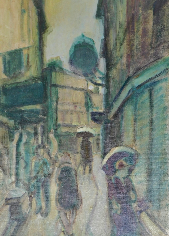 Horace W. Tuck (1876-1951). Street scene, oil on board, 36cm x 23cm and an etching of trees signed b - Bild 2 aus 7