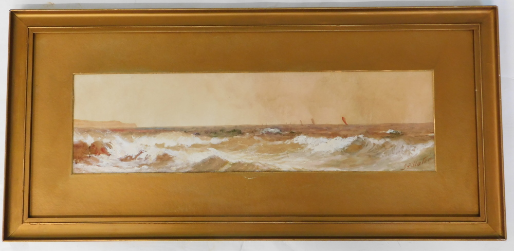 John Falconar Slater (1857-1937). Coastal scene with distant sailing boat, watercolour, signed, 16cm - Image 2 of 5