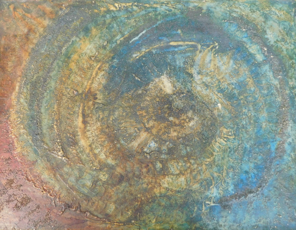 Ernest Burwell. Jurassic Composition, oil on board, titled verso, 49.5cm x 65cm. Artist label verso.