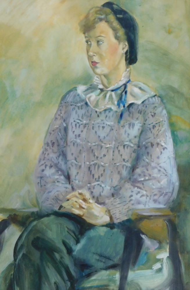 Lewis Davies. Portrait of a lady seated, oil on board, 51cm x 36cm.