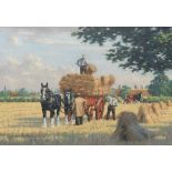 Robin Wheeldon (b.1945). Harvest, oil on board, signed and titled verso, 52cm x 74.5cm. Artist labe