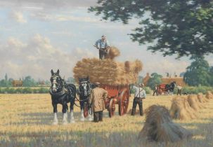 Robin Wheeldon (b.1945). Harvest, oil on board, signed and titled verso, 52cm x 74.5cm. Artist labe