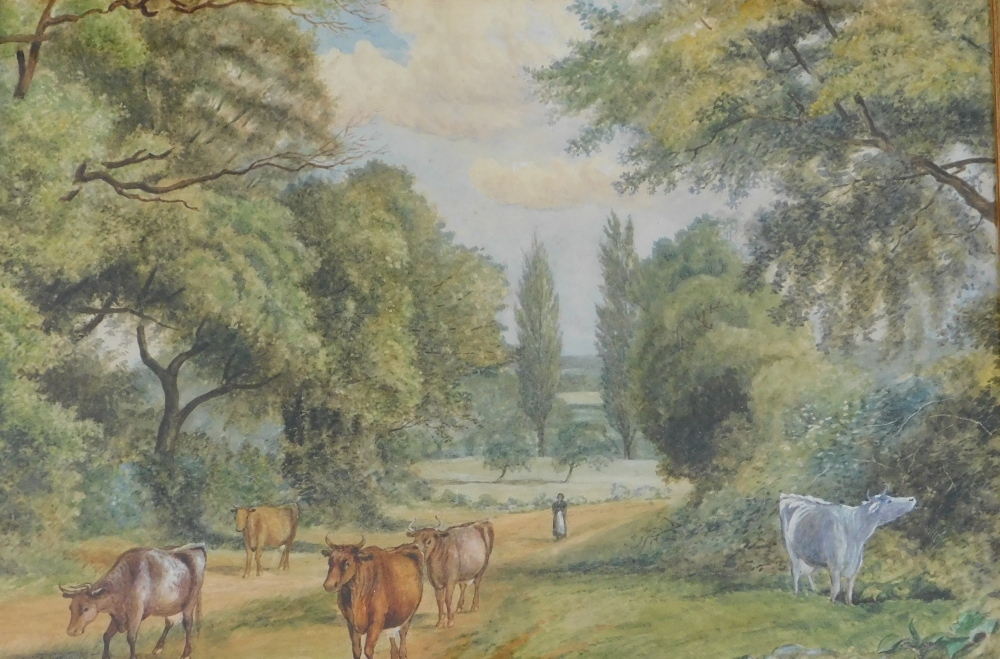 Headlam. Rural scene with lady and cattle, watercolour, 32cm x 48cm.