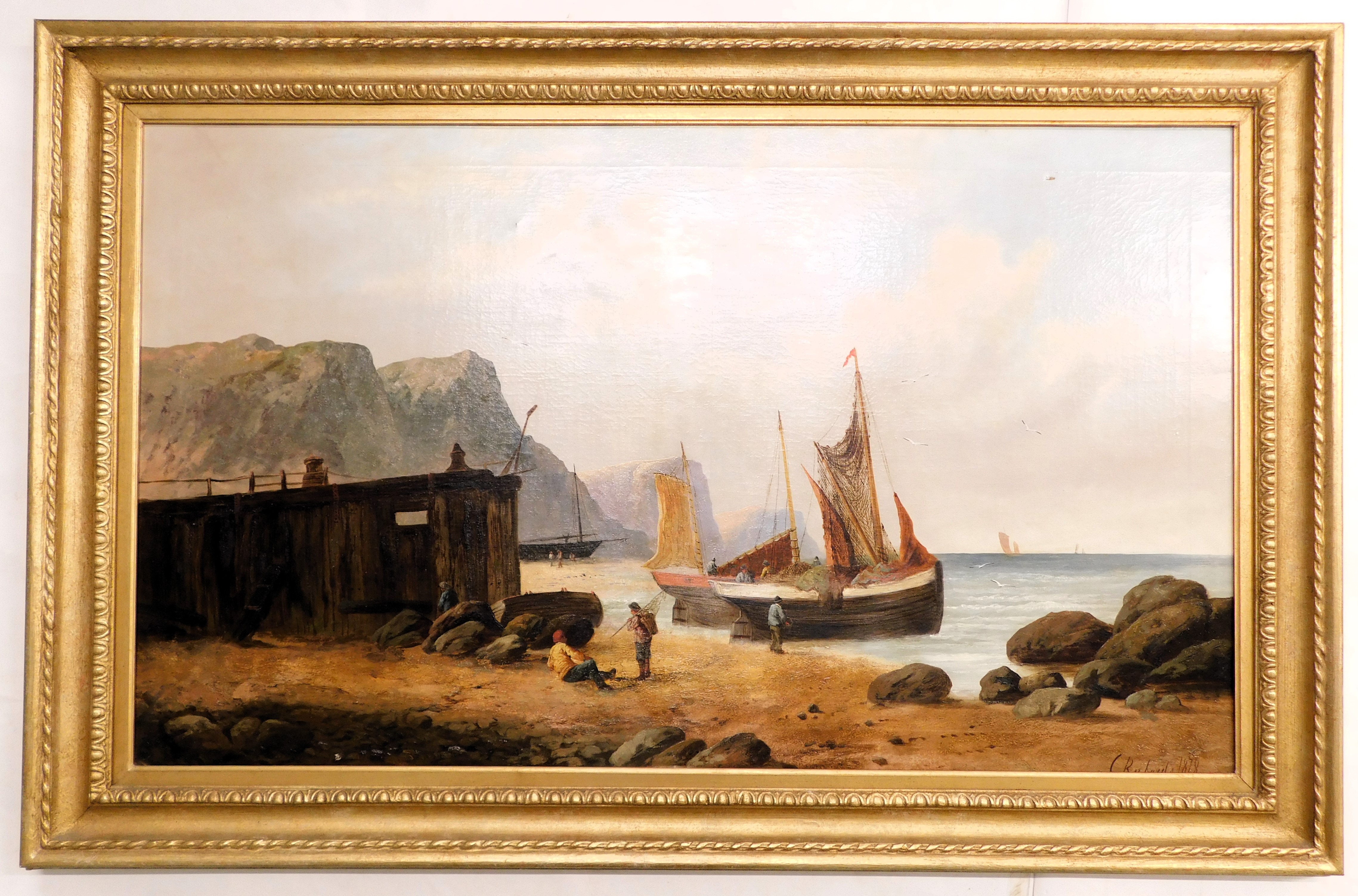 C. Richards. Coastal scene with fishing boats, oil on canvas, signed and dated 1878, 73cm x 123cm. - Image 2 of 5