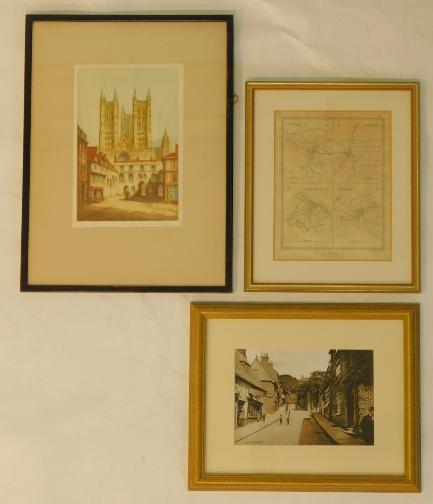 R.F. King (20thC). Lincoln Cathedral, artist signed coloured etching, 30cm x 19.5cm, framed map Linc