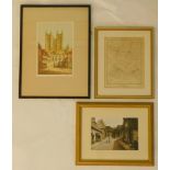 R.F. King (20thC). Lincoln Cathedral, artist signed coloured etching, 30cm x 19.5cm, framed map Linc