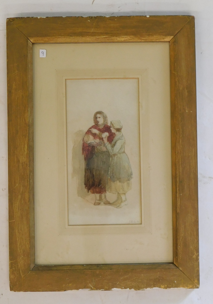 19thC School. Female figures with baby, watercolour, unsigned, dated 1864, 22cm x 11cm. - Bild 2 aus 4