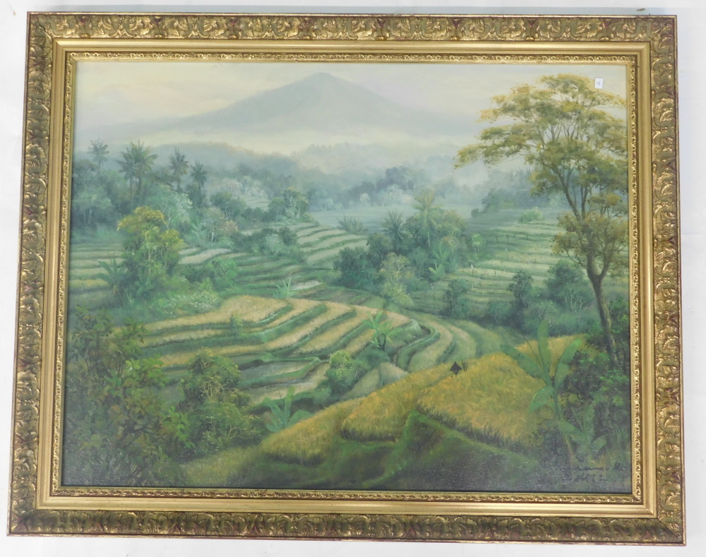 A. Sunarna (20thC). African landscape, Mt Kenya, oil on canvas, signed, 49cm x 64cm. Label verso Ga - Bild 2 aus 4