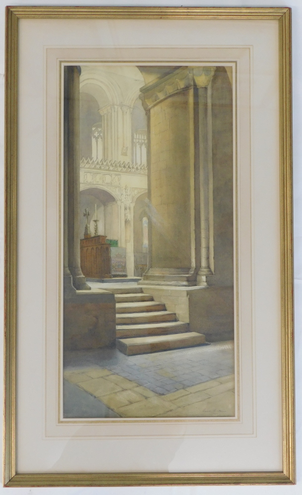 Laura L Howe. Norwich Cathedral Church, watercolour, signed and dated 1911, 56cm x 27cm. Label verso - Image 2 of 5