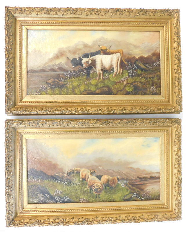 F.E. Webster (19thC/20thC). Sheep and cattle, oils on canvas, signed and dated 1915, 28cm x 59cm - p