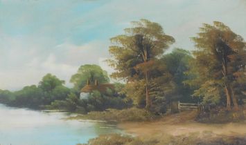 William Henry Haines (1812-1884). River landscape with cottage, oil on board, signed, 37cm x 62cm.