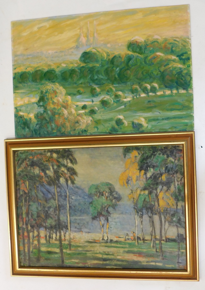 20thC Continental School. Lake scene with figures and trees, oil on board, unsigned, 49cm x 69cm and