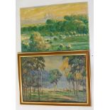 20thC Continental School. Lake scene with figures and trees, oil on board, unsigned, 49cm x 69cm and