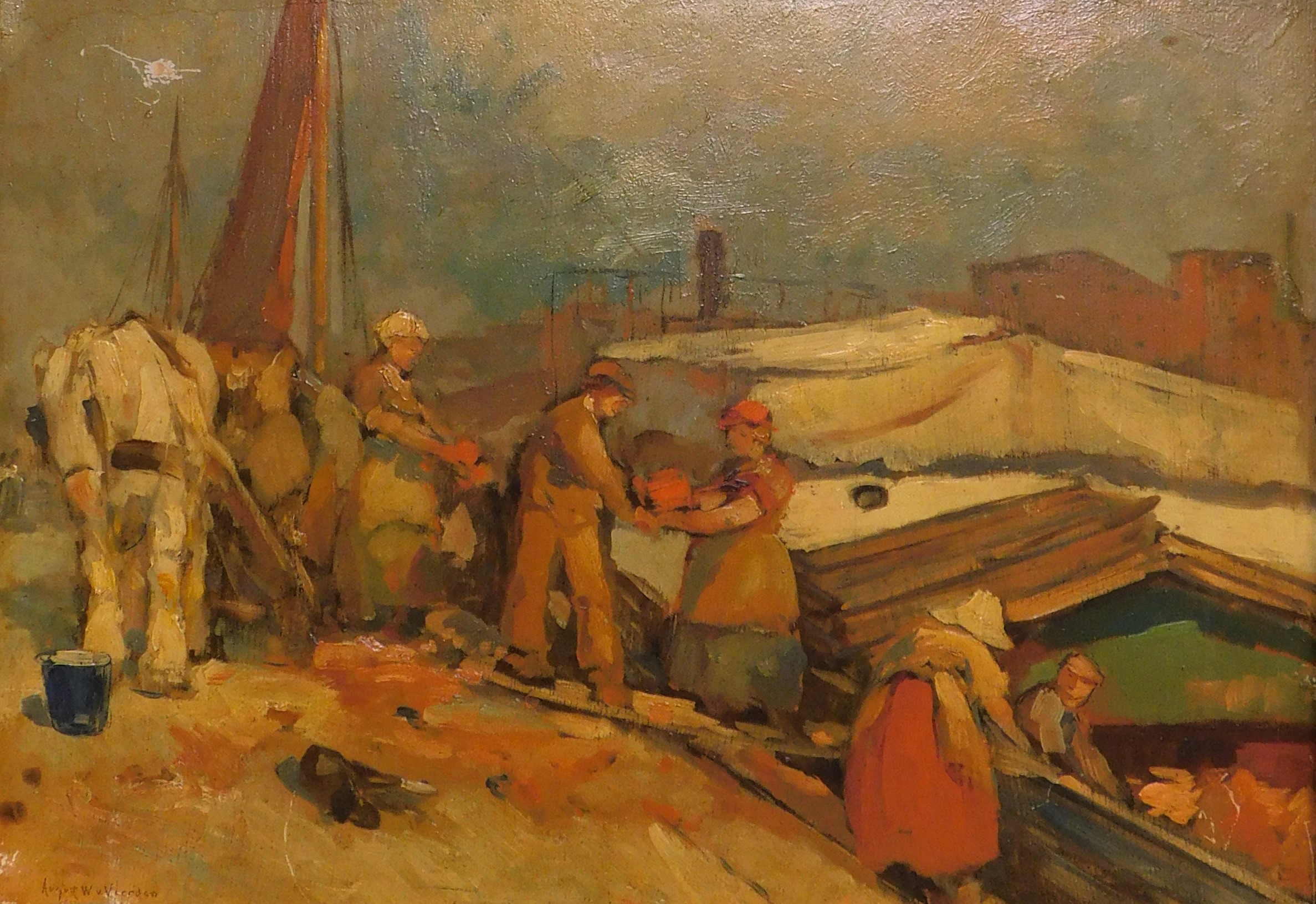 August Willem Van Voorden (1881-1921). Loading barge, oil on board, signed, 50cm x 69cm. Artist labe