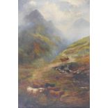 19thC School. Highland cattle in mountain landscape, oil on canvas, 96.5cm x 66.5cm.
