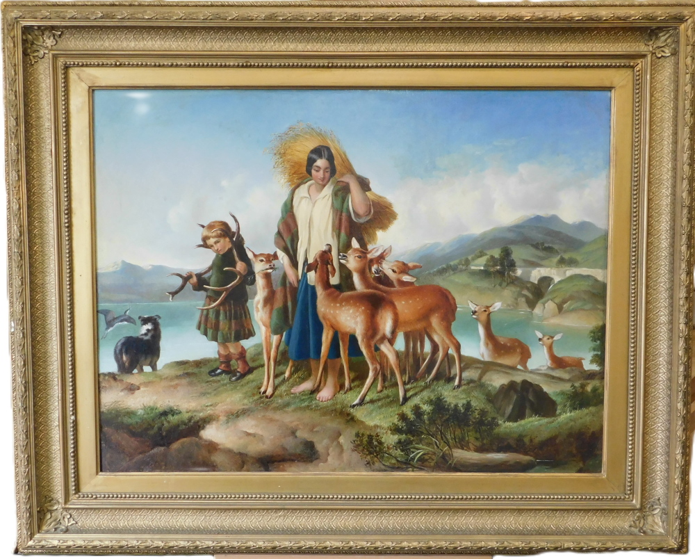 19thC/20thC School. Shepherdess with fawns in extensive landscape, oil on canvas, 68cm x 90cm. - Image 2 of 3