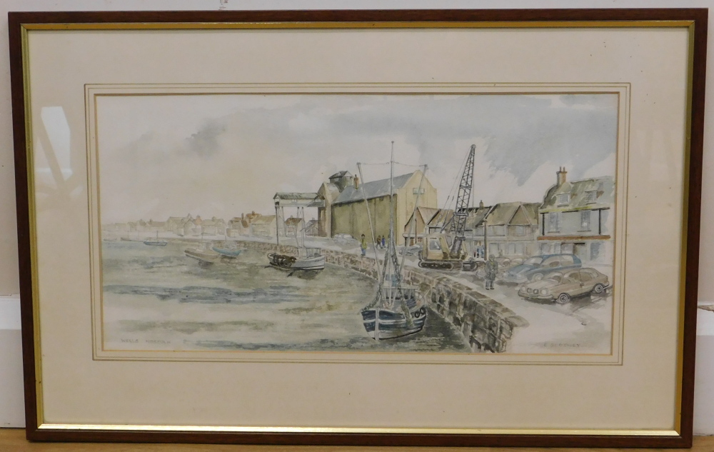 E. Scotney. Wells, Norfolk, watercolour, signed and titled, 23cm x 24.5cm. - Image 2 of 5