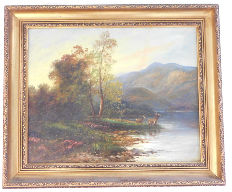 H. Graham. River landscape with stags at water's edge, oil on board, signed, 39.5cm x 49.5cm. - Image 2 of 4